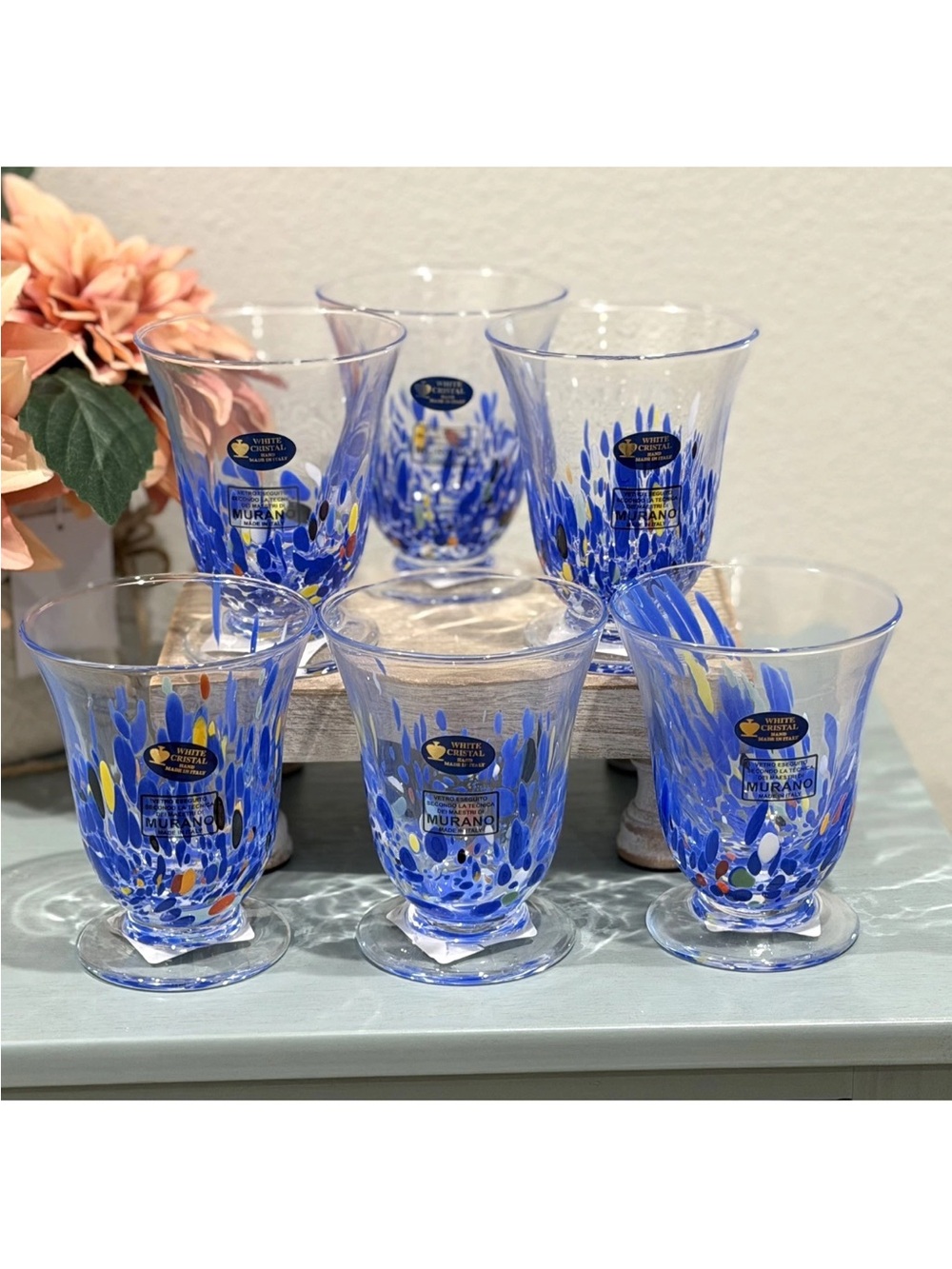 Murano White Cristal Blue Confetti
Footed Wine Glasses/Goblets 5" Set of 6